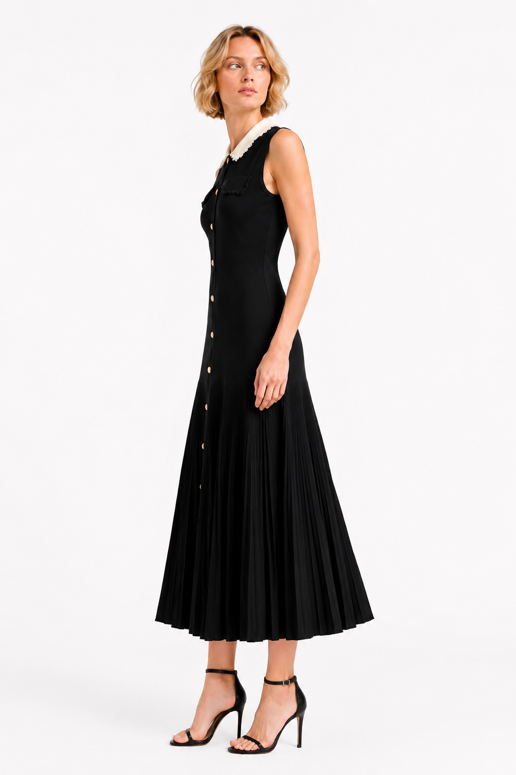 La Robe Colette — Lace-Collar Pleated Knit Maxi Dress in Black