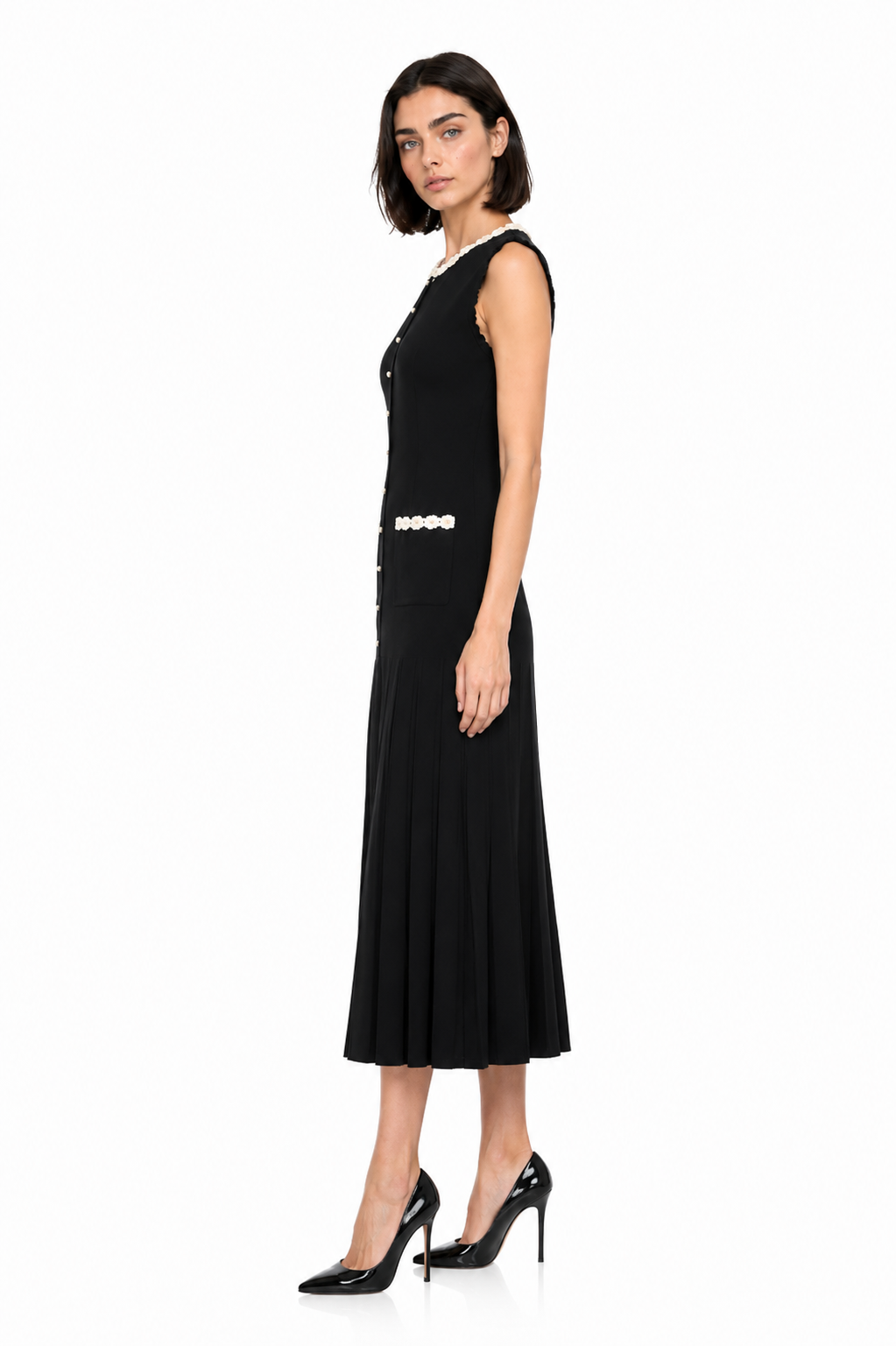 La Robe Pâquerette — Crochet Pearl-Trim Knit Maxi Dress in Black