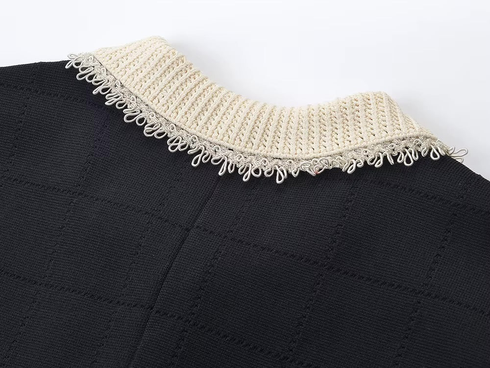 La Robe Colette — Lace-Collar Pleated Knit Maxi Dress in Black