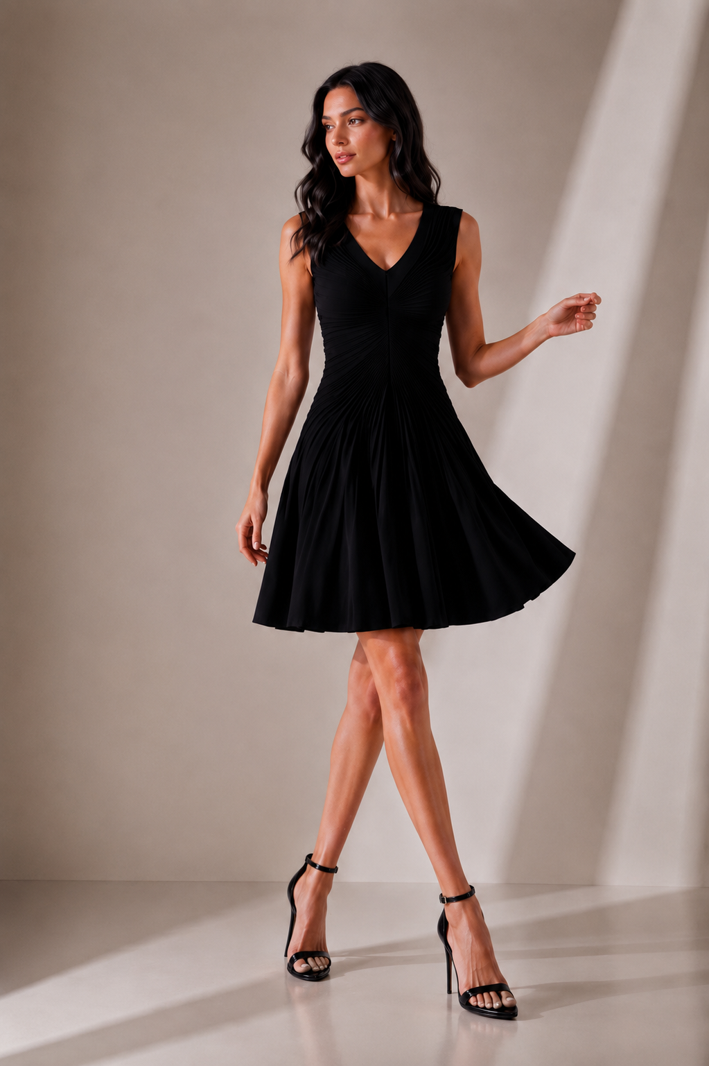 Radial Pleat V-Neck Mini Dress