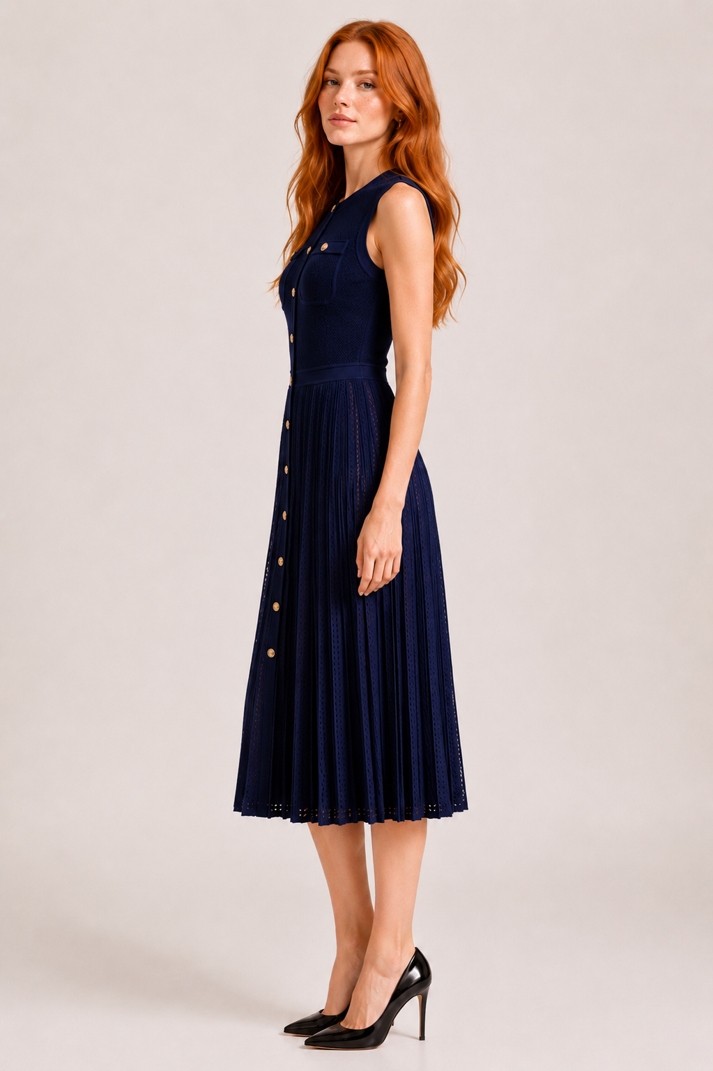 La Robe Marine — Open-Knit Pleated Midi Dress in Navy