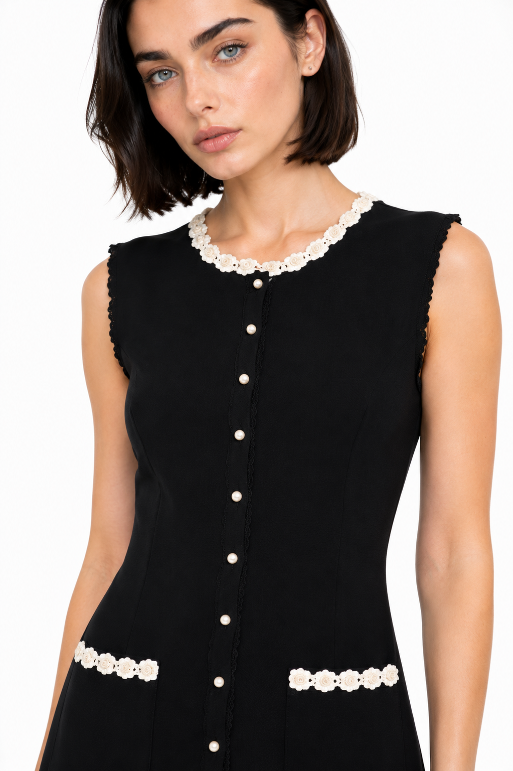 La Robe Pâquerette — Crochet Pearl-Trim Knit Maxi Dress in Black