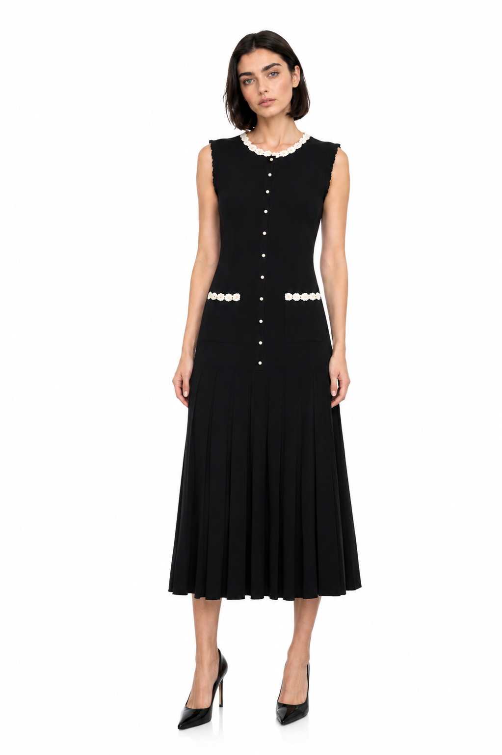 La Robe Pâquerette — Crochet Pearl-Trim Knit Maxi Dress in Black