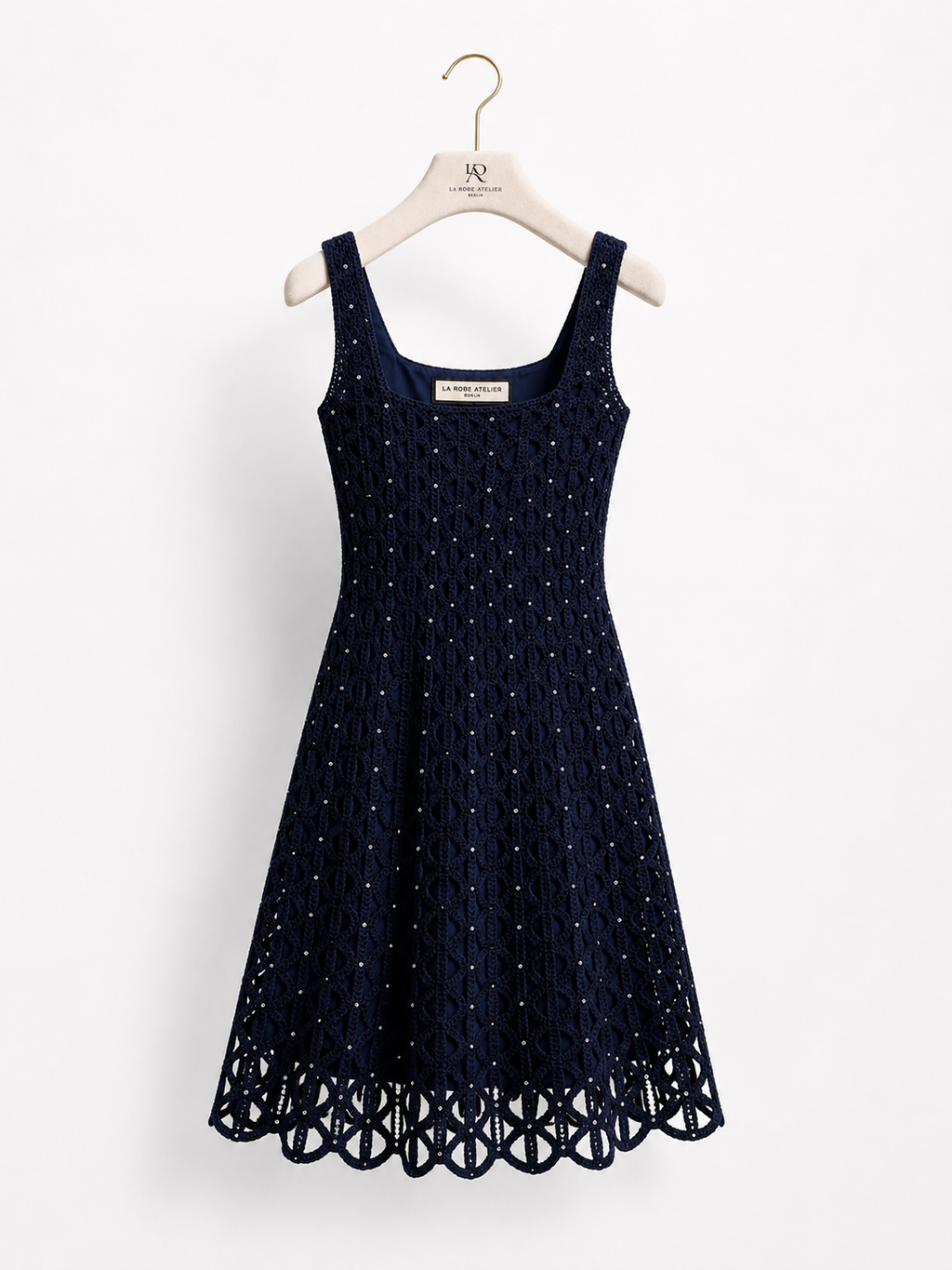 Marineblaues gehäkeltes Minikleid mit Kristallen