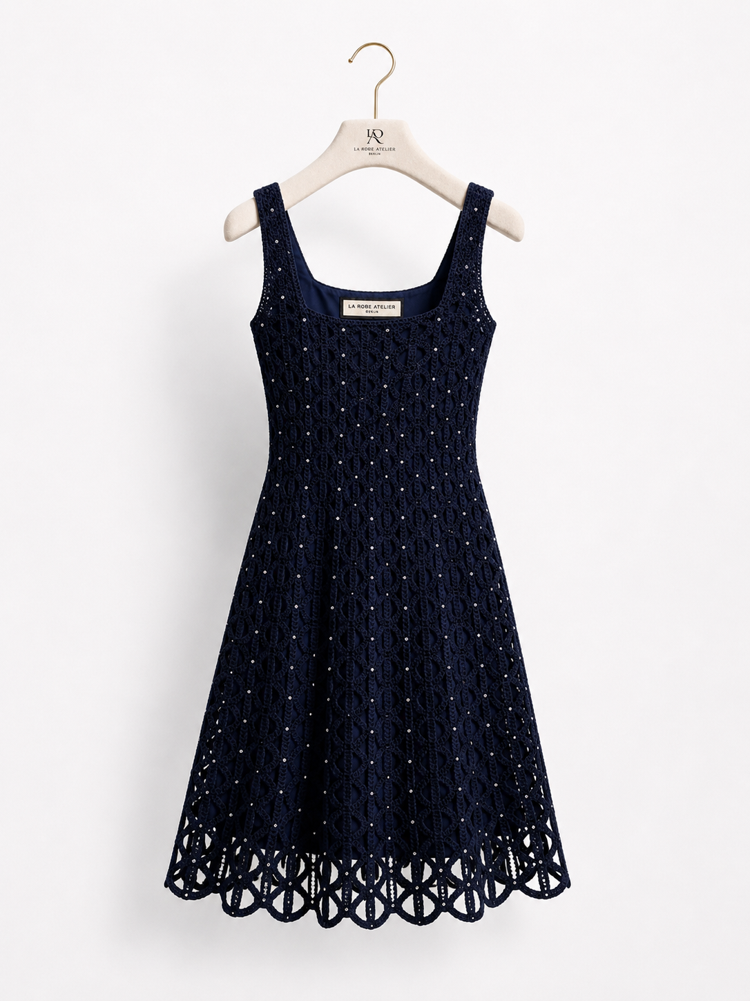 Marineblaues gehäkeltes Minikleid mit Kristallen