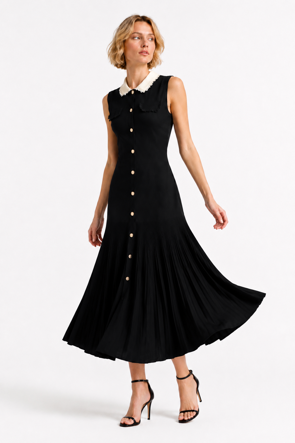 La Robe Colette — Lace-Collar Pleated Knit Maxi Dress in Black