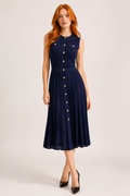 La Robe Marine — Robe midi plissée en maille ajourée, coloris marine