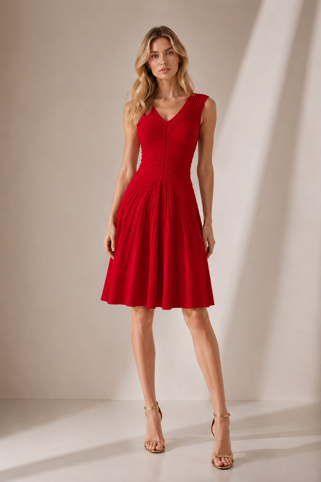 Radial Pleat V-Neck Mini Dress