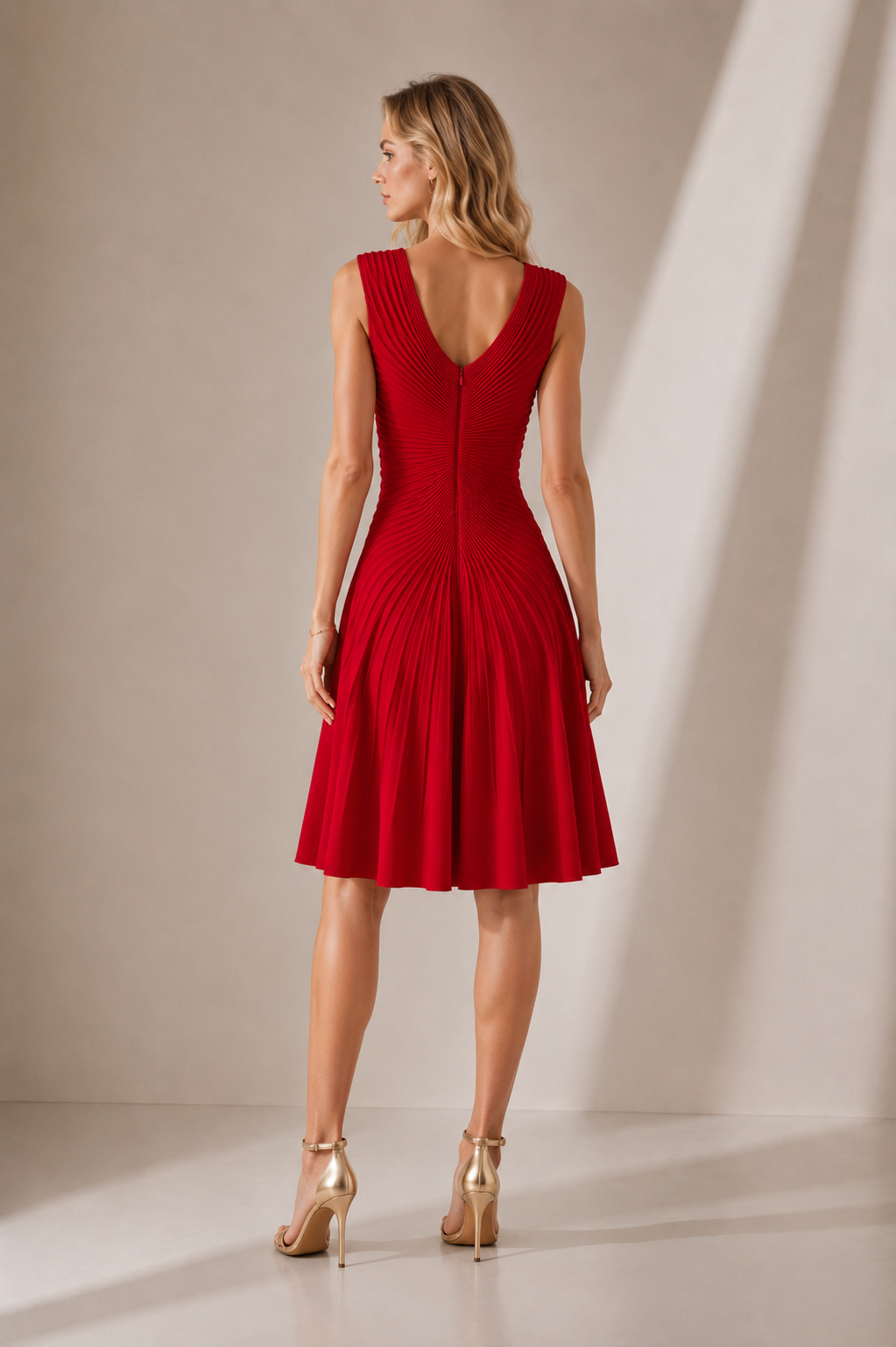 Radial Pleat V-Neck Mini Dress