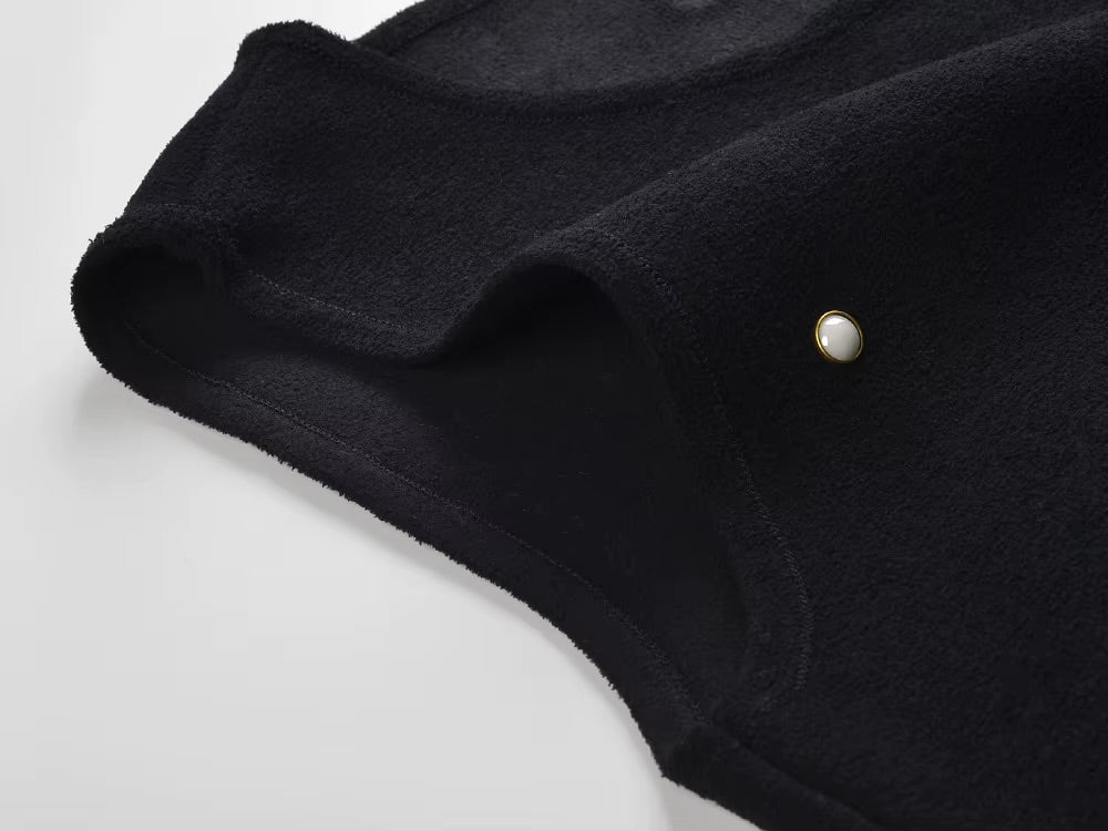 La Robe Perle — Robe Courte en Laine Mélangée Ornée de Perles Noire