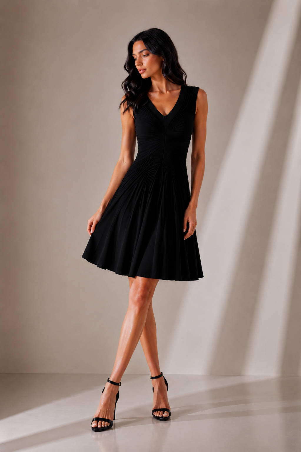 Radial Pleat V-Neck Mini Dress