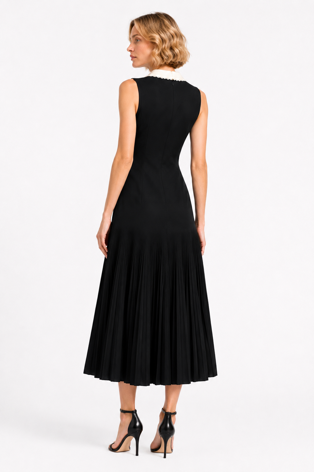 La Robe Colette — Lace-Collar Pleated Knit Maxi Dress in Black