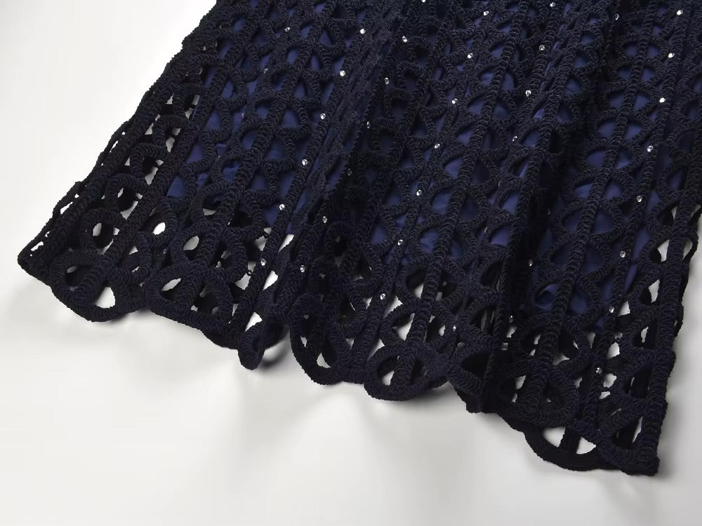 Marineblaues gehäkeltes Minikleid mit Kristallen