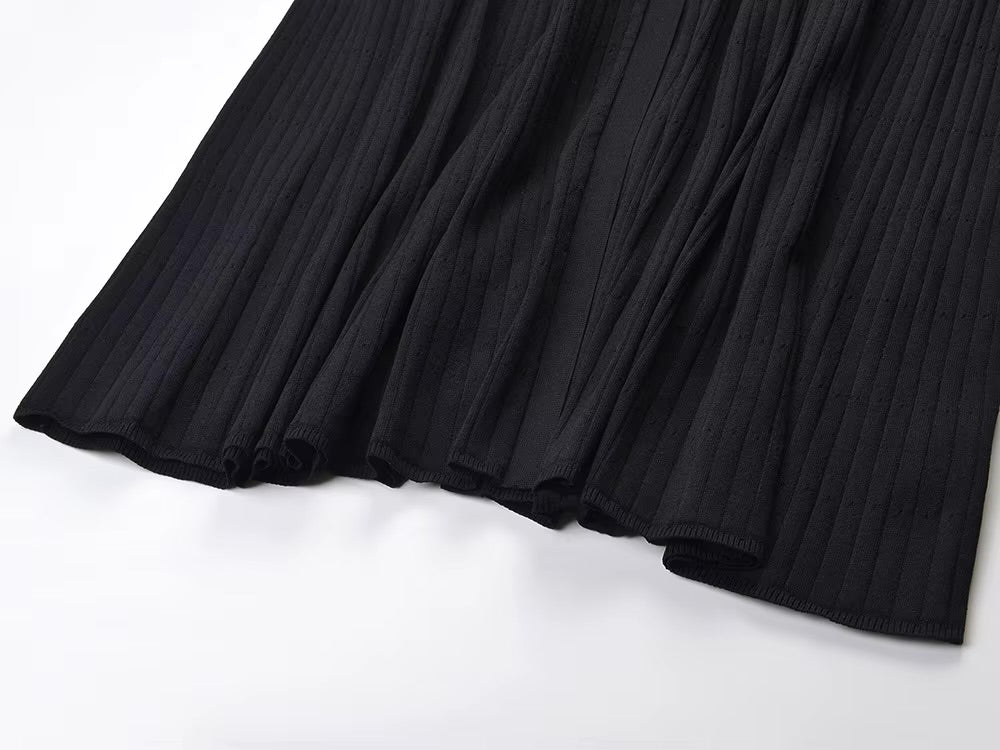 La Robe Colette — Lace-Collar Pleated Knit Maxi Dress in Black