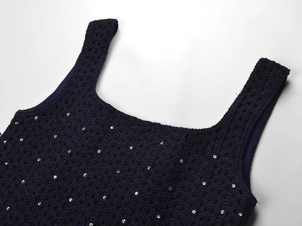 Marineblaues gehäkeltes Minikleid mit Kristallen
