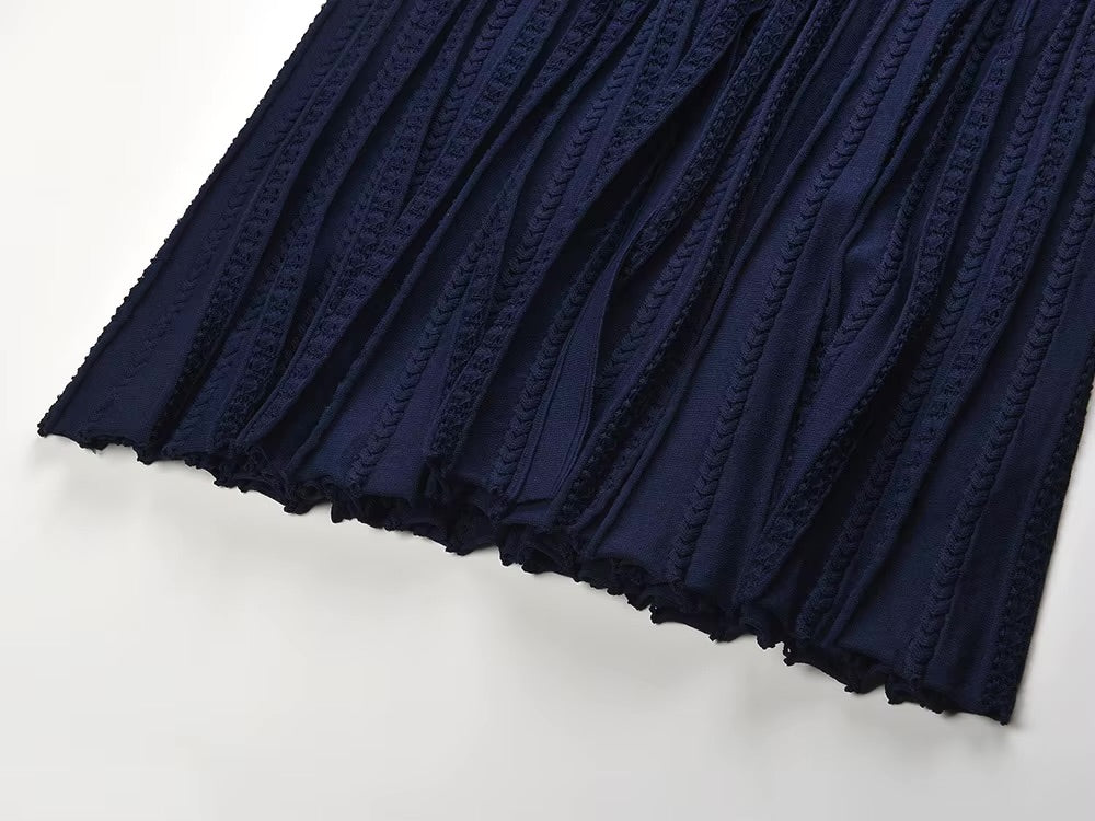 La Robe Marine — Open-Knit Pleated Midi Dress in Navy