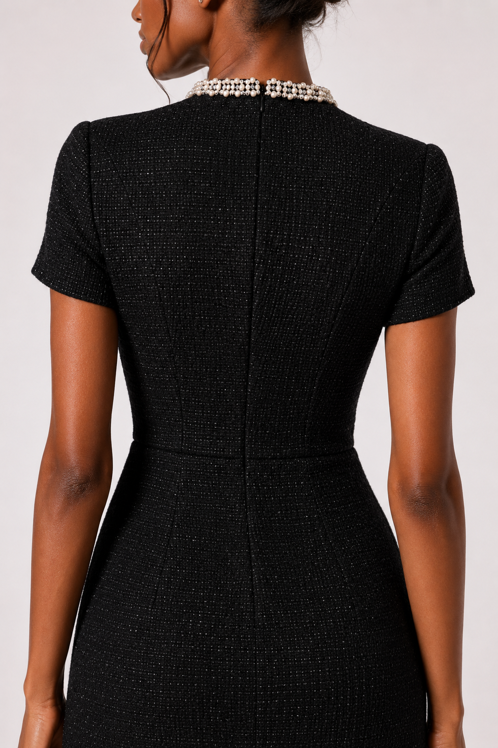 La Robe Joaillerie — Tweed Mini Dress with Pearl Embellishment in Black