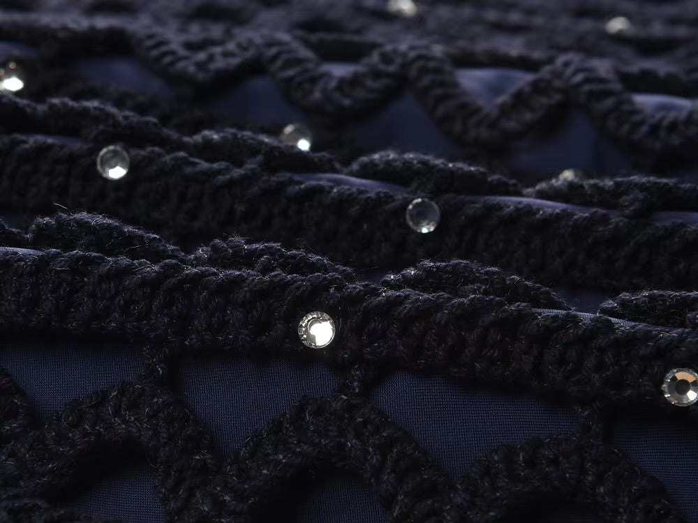 Marineblaues gehäkeltes Minikleid mit Kristallen