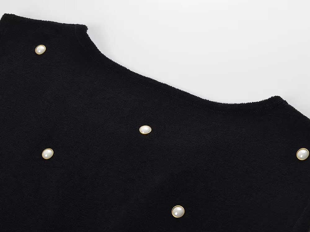 La Robe Perle — Robe Courte en Laine Mélangée Ornée de Perles Noire