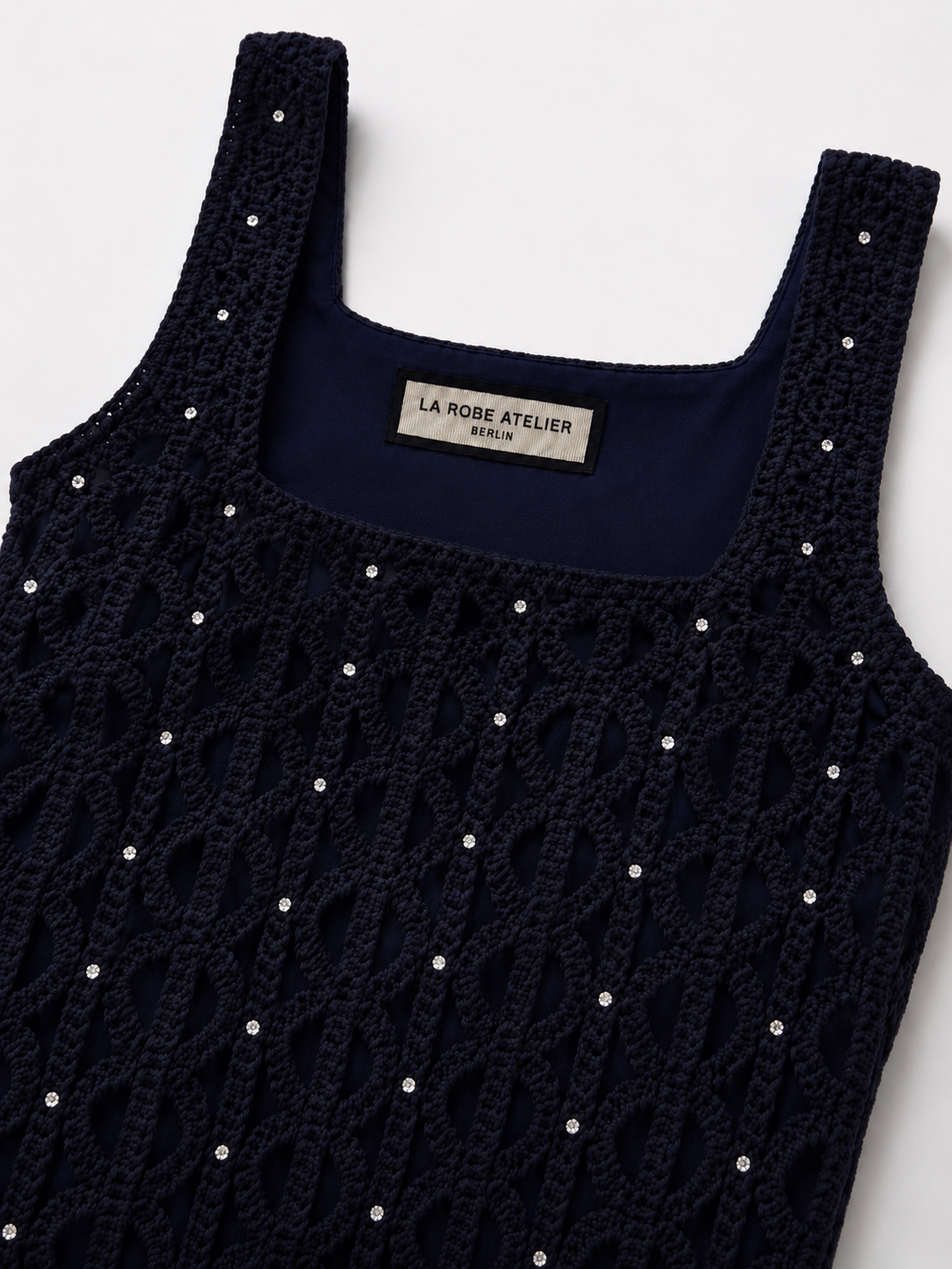 Marineblaues gehäkeltes Minikleid mit Kristallen