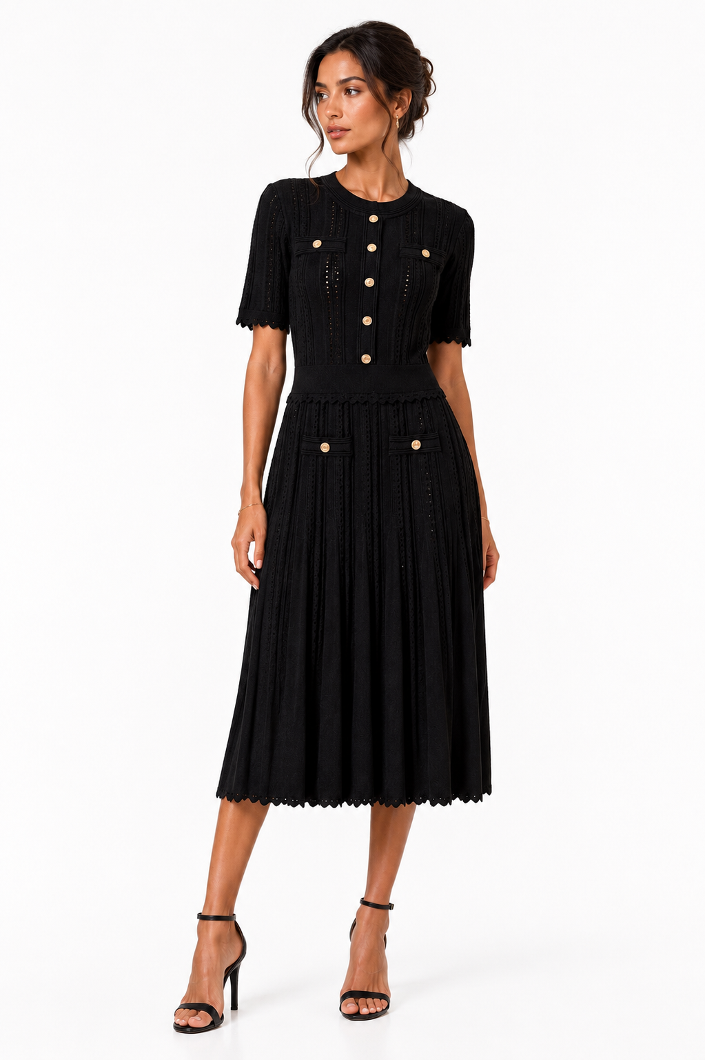 La Robe Élégance — Hollow Knit Pleated Midi Dress