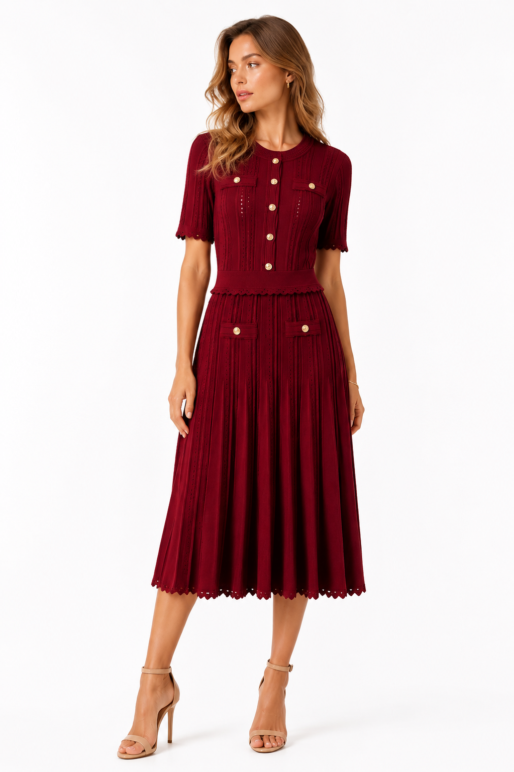 La Robe Élégance — Hollow Knit Pleated Midi Dress